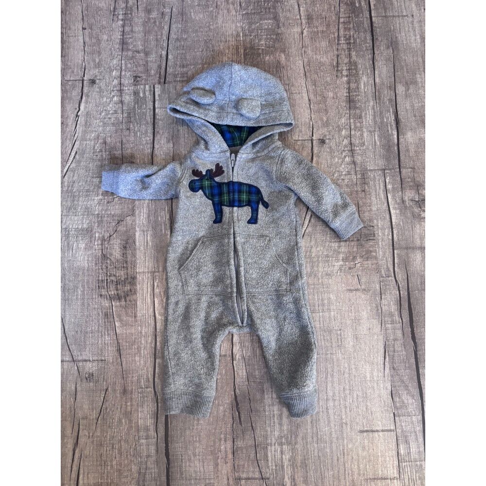 Carter’s Boys Newborn‎ Fleece Moose Hooded One Piece Outfit Gray Plaid